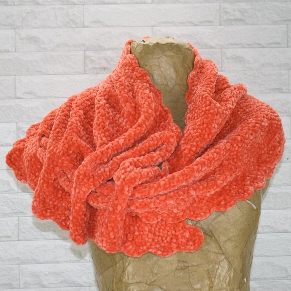 HAND CRAFTED Scarf Crochet Wrap Chenille Boomerang Style Orange Chunky Soft - Picture 1 of 11